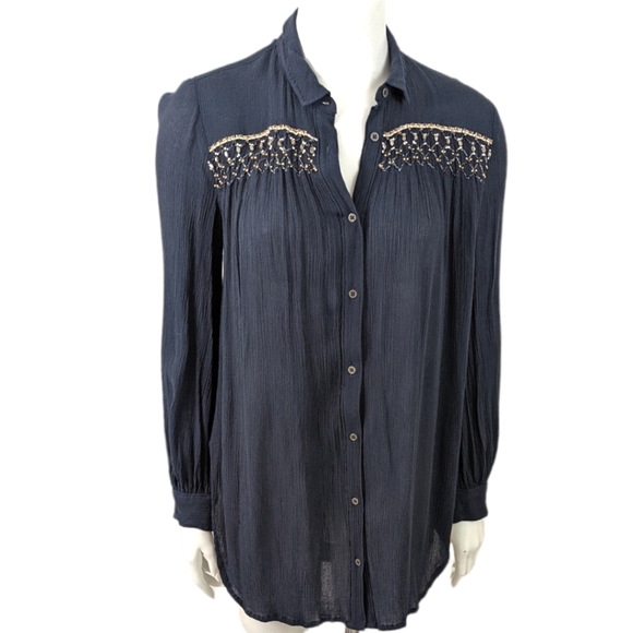 Anthropologie Floreat Beulah Beaded Tunic Button Down Top Blouse S Navy Blue - Picture 2 of 11